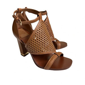 Tory Burch Doris Royal Tan Leather Brown Heeled Sandals Shoes Women’s 7.5